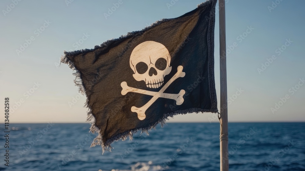 Fototapeta premium Pirate flag with a skull and crossbones on a flagpole against the background of the sea