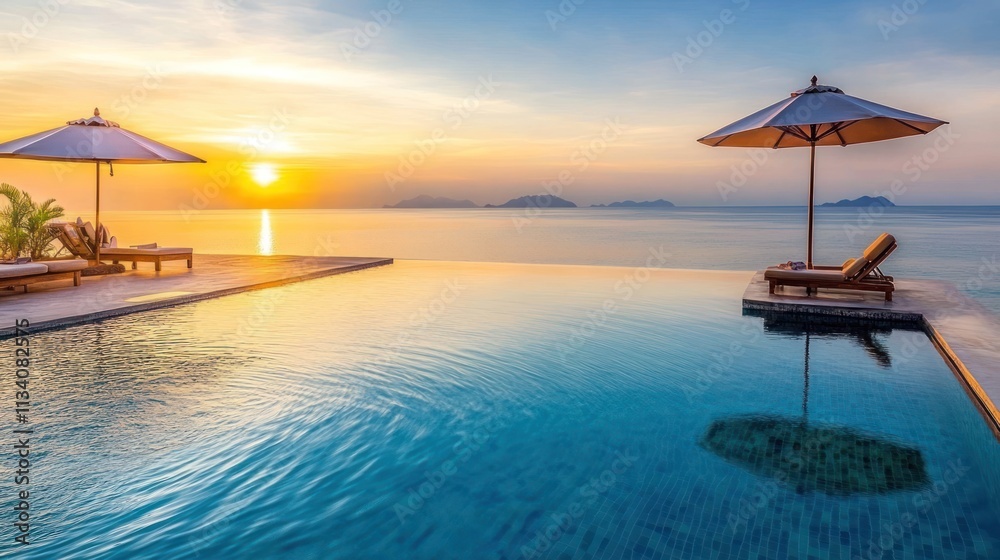 Scenic sunset view over a tranquil infinity pool by the sea. Scenic sunset view over a tranquil infinity pool by the sea.