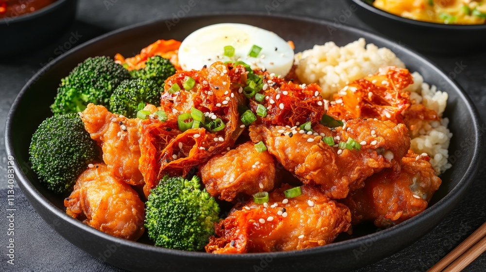 Fototapeta premium Korean fried chicken with kimchi broccoli and egg