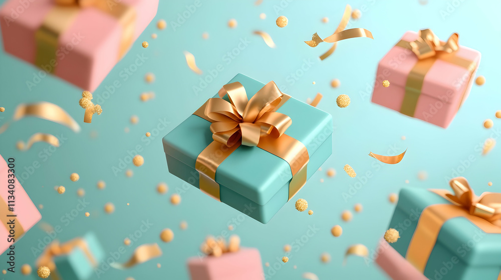 Floating pastel gift boxes with gold ribbons and confetti. (4) Floating pastel gift boxes with gold ribbons and confetti. (4)