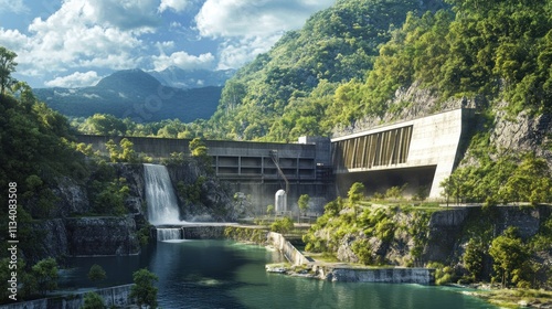 Scenic dam and waterfall cascading into a tranquil lake nestled amidst lush greenery and mountains.