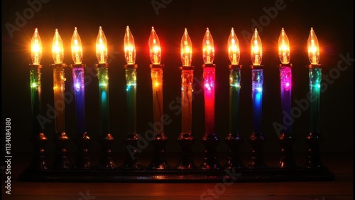 Illuminating menorah with christmas lights indoor celebration holiday decor cozy setting festive spirit photo