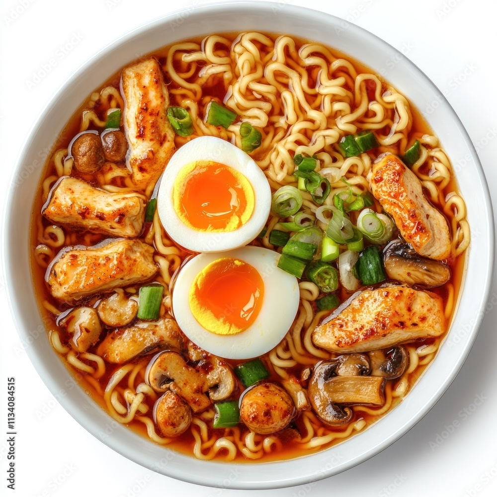 A bowl of ramen with chicken, mushrooms, green onions, and soft-boiled eggs in rich broth. A bowl of ramen with chicken, mushrooms, green onions, and soft-boiled eggs in rich broth.