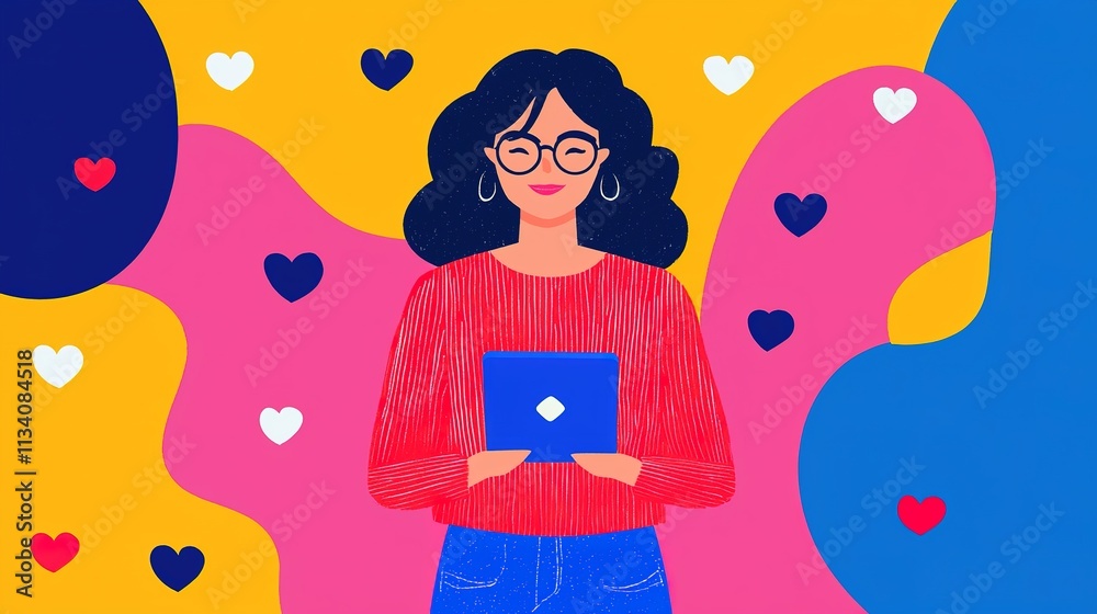 A woman with curly hair and glasses holds a blue device, surrounded by colorful hearts and abstract shapes in a vibrant, playful illustration. A woman with curly hair and glasses holds a blue device, surrounded by colorful hearts and abstract shapes in a vibrant, playful illustration.