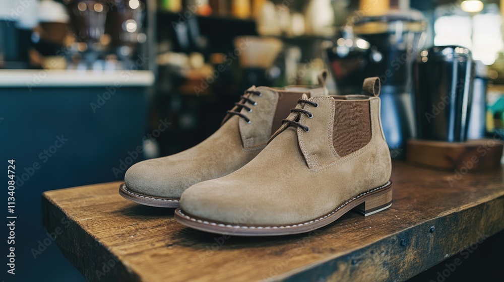 Stylish Brown Suede Boots on Display in Trendy Urban Coffee Shop Setting