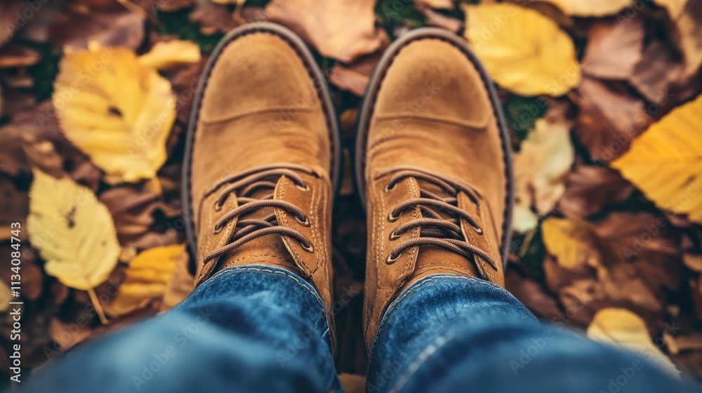 Walking in Autumn: Brown Leather Boots on Colorful Fallen Leaves Walking in Autumn: Brown Leather Boots on Colorful Fallen Leaves