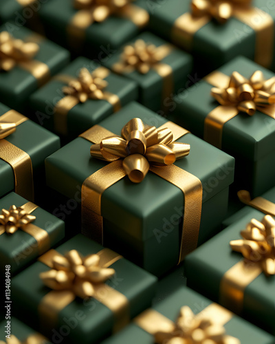Many dark-green gift boxes with gold ribbons.