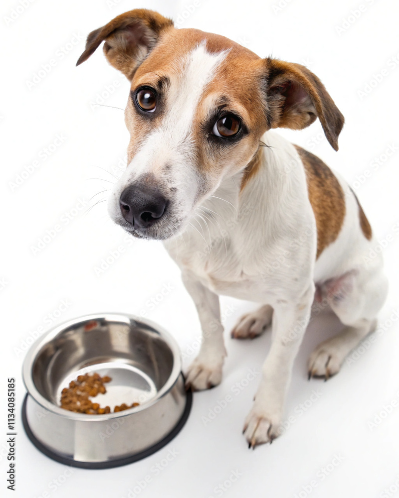 Jack Russell Terrier Sitting Beside Partially Filled Stainless Steel Bowl, Looking Up with Sad Eyes, Studio Shot on White Background, Pet Feeding and Emotion Concept Jack Russell Terrier Sitting Beside Partially Filled Stainless Steel Bowl, Looking Up with Sad Eyes, Studio Shot on White Background, Pet Feeding and Emotion Concept