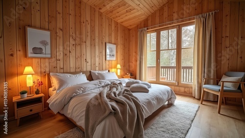 Cozy Wooden Cabin Bedroom with Comfortable Bedding and Natural Lighting, Ideal for Relaxing Retreats, Vacation Rentals, Rustic Interior Design, and Lifestyle Photography photo