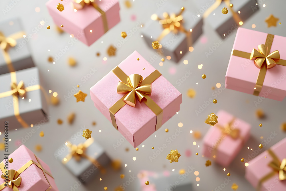 Pink and grey gift boxes levitate against a light grey background, adorned with golden stars and confetti.