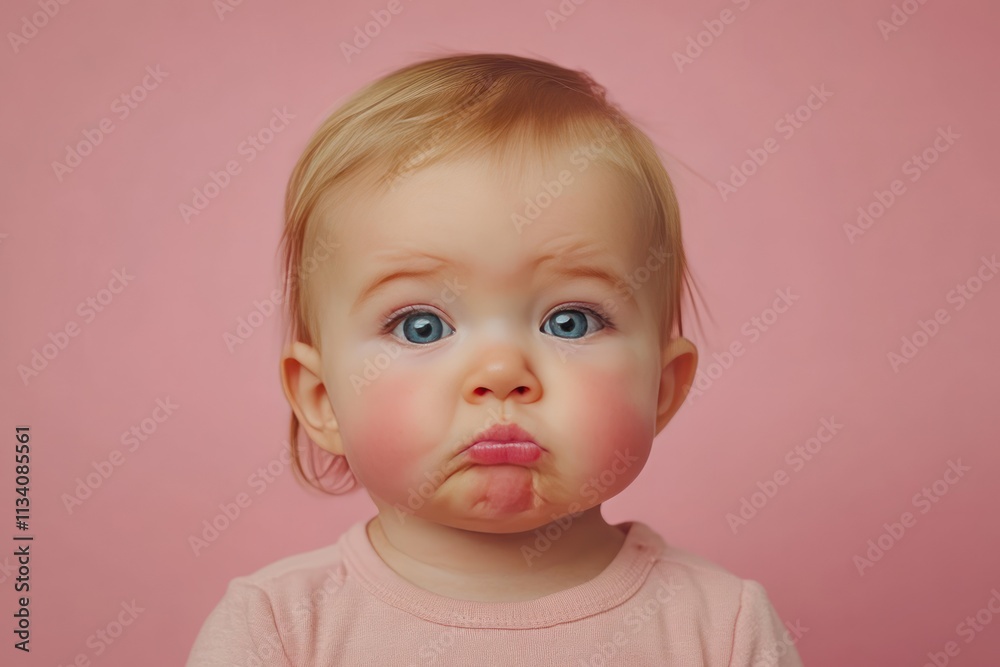 Cute Baby With Expressive Face on Pink Background Cute Baby With Expressive Face on Pink Background