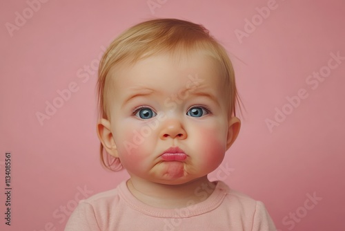 Cute Baby With Expressive Face on Pink Background