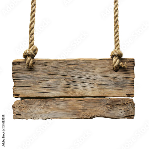 Wooden Sign Hanging with Rope Isolated on PNG Transparent Background photo