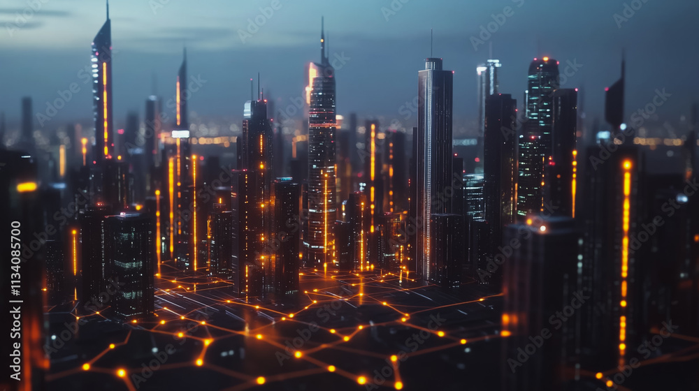Fototapeta premium Smart digital Innovation city with connection network reciprocity over the cityscape. of future smart wireless digital city and social media networking systems that connects people with in city