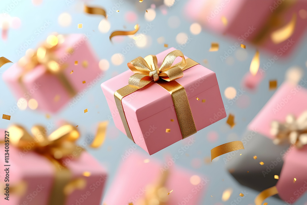 Pink gift boxes with gold ribbons float amidst confetti. Pink gift boxes with gold ribbons float amidst confetti.