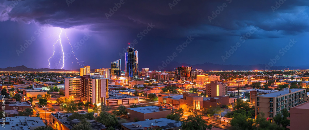 Dramatic cityscape illuminated by lightning during a storm. Dramatic cityscape illuminated by lightning during a storm.