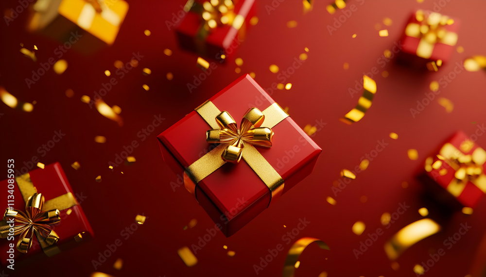 Red and gold gift boxes float against a red background with confetti and ribbons. Red and gold gift boxes float against a red background with confetti and ribbons.