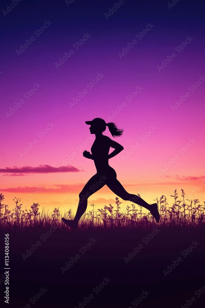 Silhouette of Woman Running at Sunset with Vibrant Purple and Orange Sky