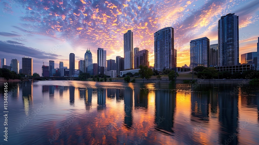 Fototapeta premium Modern city skyline reflected on a calm river at sunset with vivid orange and blue sky.