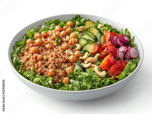 A colorful salad featuring quinoa, chickpeas, vegetables, and nuts in a large bowl.