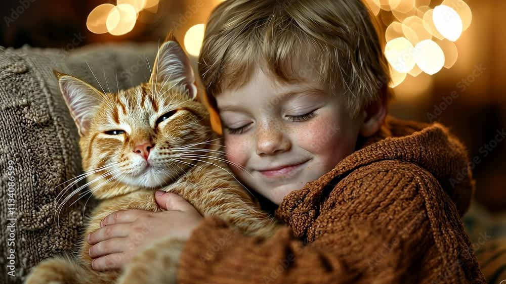 Child and Cat Together in Cozy Warmth and Joyful Connection Child and Cat Together in Cozy Warmth and Joyful Connection