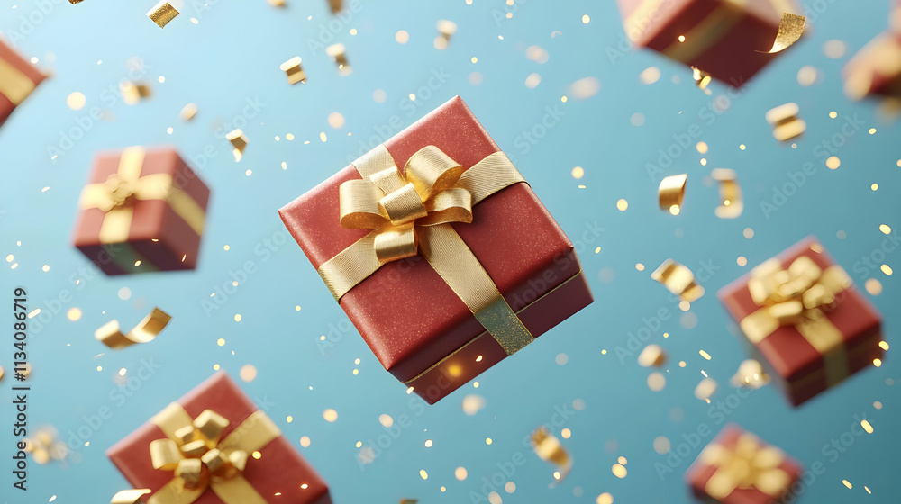 Red gift boxes with gold ribbons and confetti falling on blue background.