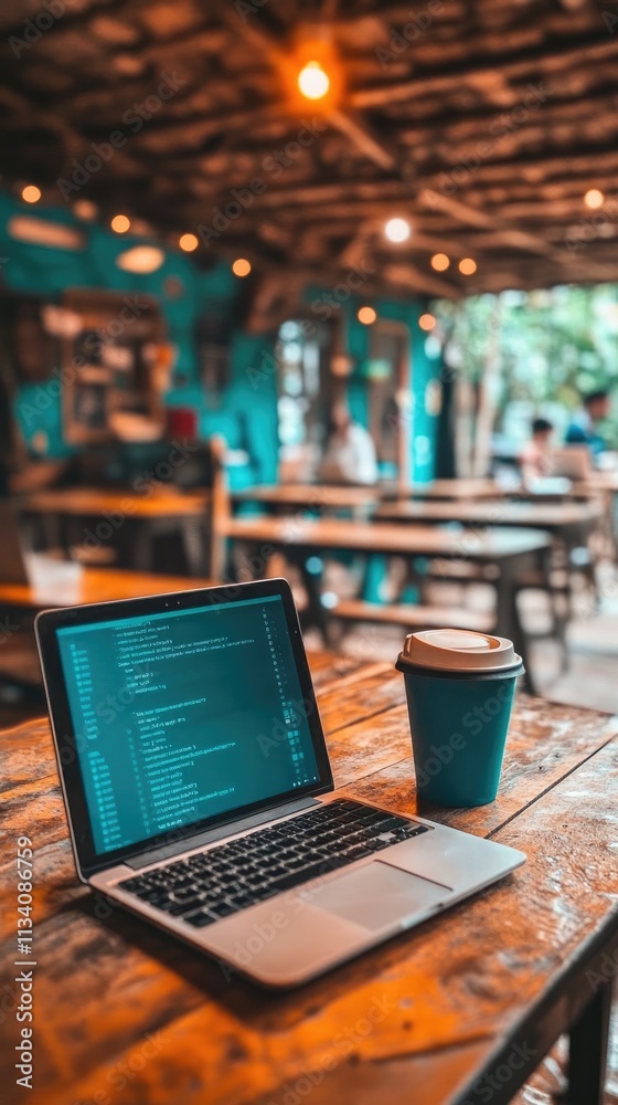 Open Laptop with Coffee Cup in Rustic Cafe: Tranquil Work Atmosphere for Remote Professionals Open Laptop with Coffee Cup in Rustic Cafe: Tranquil Work Atmosphere for Remote Professionals