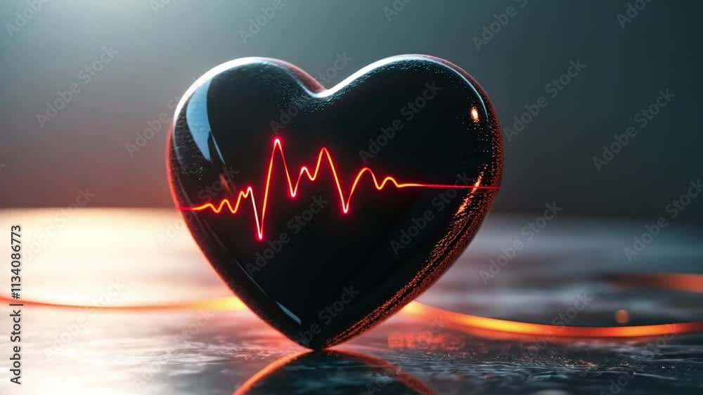 Heartbeat of Life:  A mesmerizing 3D rendering of a black heart with a vibrant red heartbeat line, symbolizing life, health, and vitality.