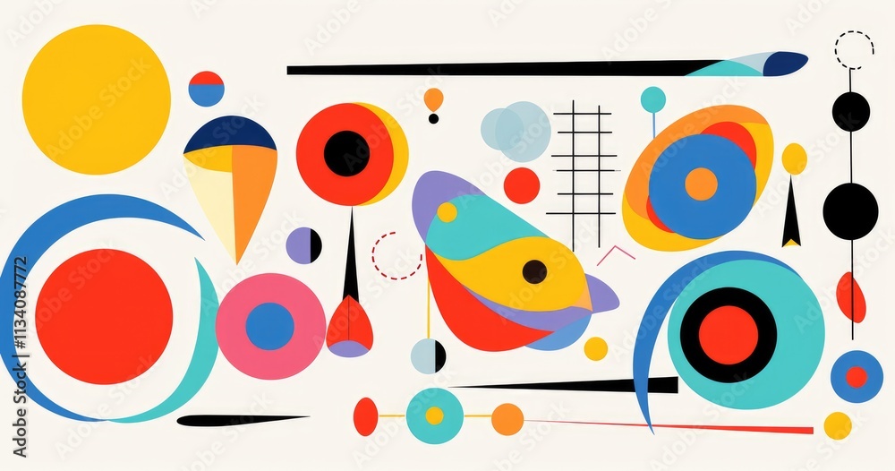Obraz premium beautiful abstract simple shapes, vector illustration, simple lines, black line art, flat colors, colorful, orange green blue yellow purple red white black