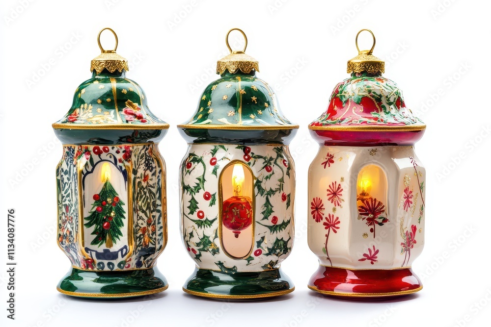 Decorative ceramic lanterns with warm lights for festive holiday ambiance