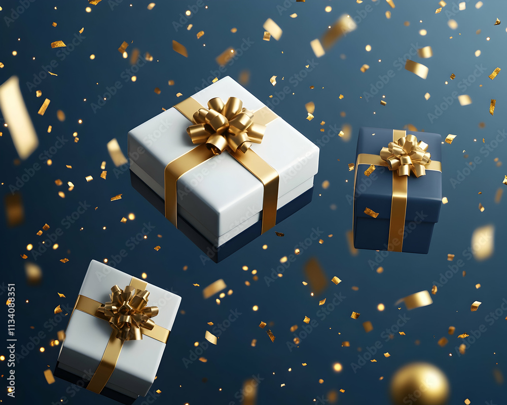 Three elegant gifts with gold ribbons and confetti on a dark background. Three elegant gifts with gold ribbons and confetti on a dark background.