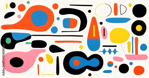 Wallpaper Mural beautiful abstract simple shapes, vector illustration, simple lines, black line art, flat colors, colorful, orange green blue yellow purple red white black Torontodigital.ca