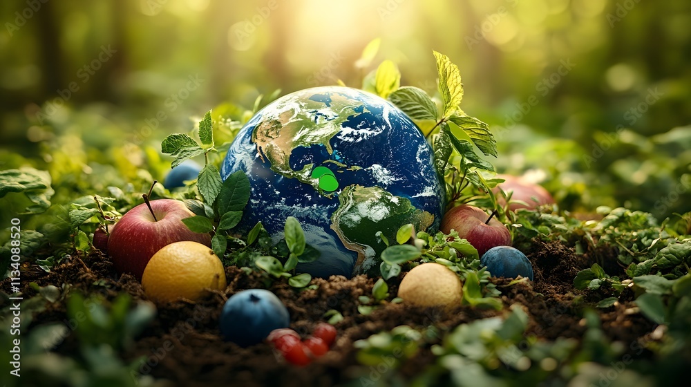 Earth globe nestled in lush greenery and surrounded by fresh fruits on fertile soil. Earth globe nestled in lush greenery and surrounded by fresh fruits on fertile soil.