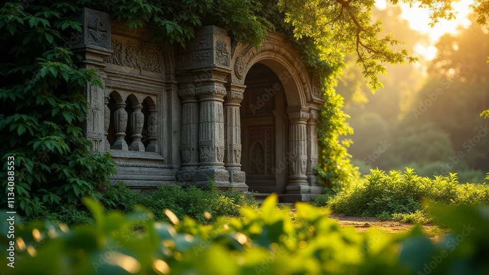 Fototapeta premium Ancient Stone Monument with Vibrant Carvings in Golden Hour Light