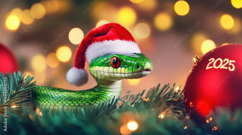 Obraz premium Christmas snake, symbol of the year, wearing santa hat on christmas tree lights background ,symbol of the year, christmas, decoration, holiday