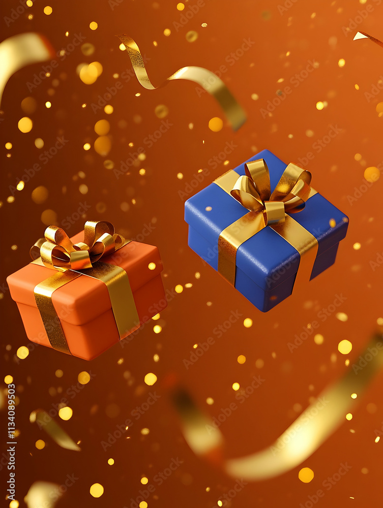 Two floating gift boxes with golden ribbons and confetti on a brown background. Two floating gift boxes with golden ribbons and confetti on a brown background.