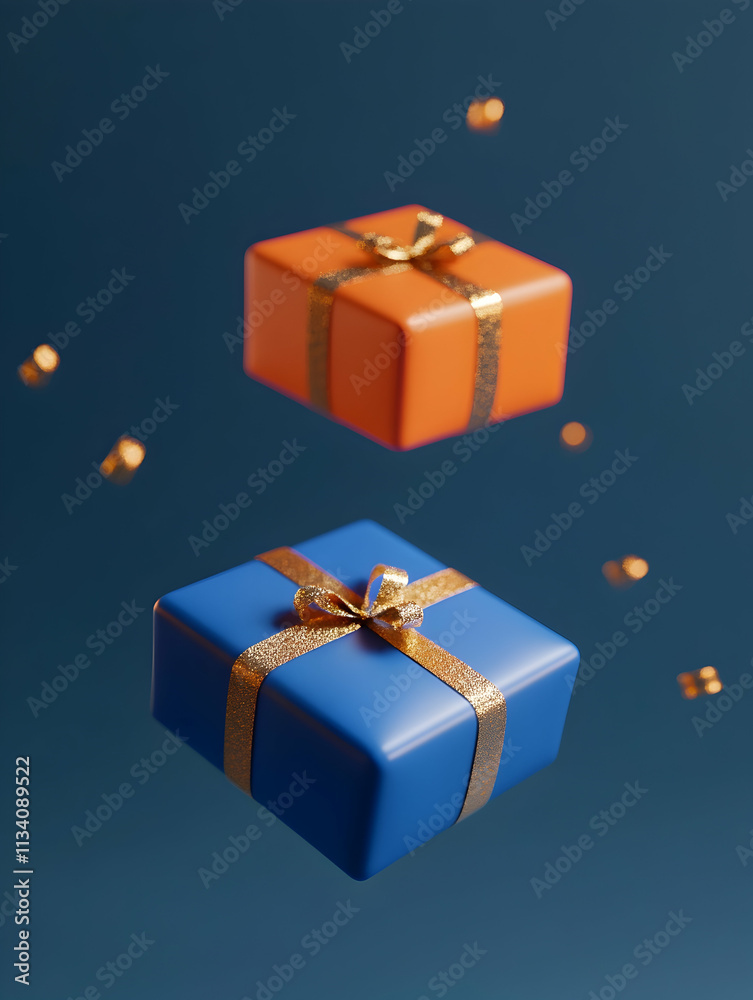 Two floating gifts; orange and blue boxes with gold ribbon, confetti. Two floating gifts; orange and blue boxes with gold ribbon, confetti.