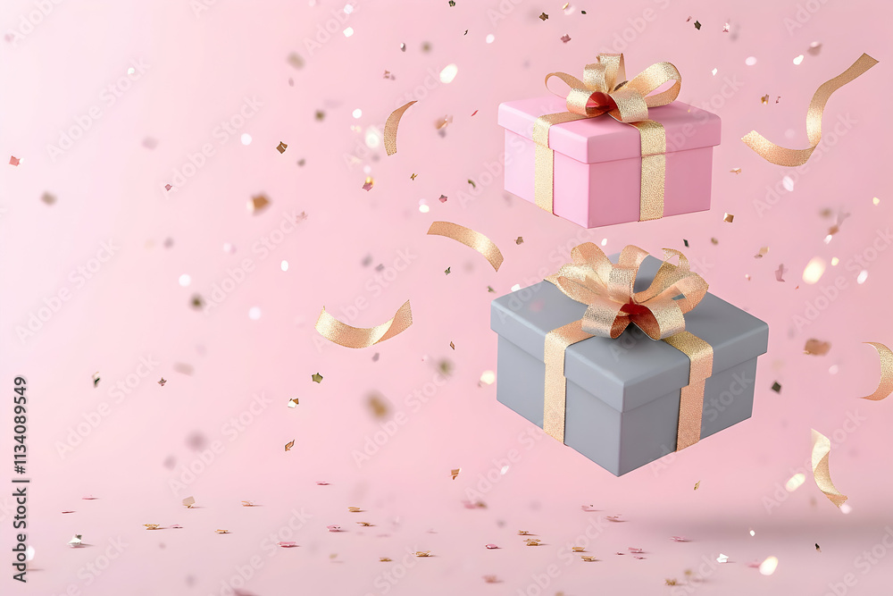 Two floating gift boxes with ribbons and confetti on pink background. Two floating gift boxes with ribbons and confetti on pink background.