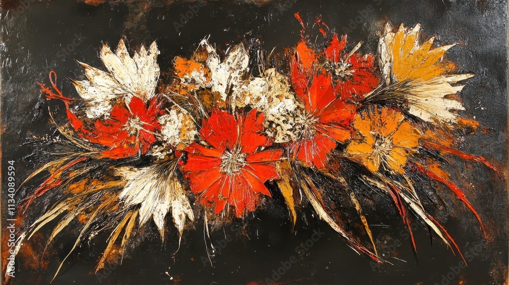 Abstract floral painting with red, orange, and white flowers on a dark background. Abstract floral painting with red, orange, and white flowers on a dark background.