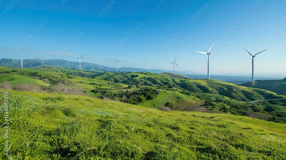 Wide landscape of green rolling hills with bright sunlight illuminating the grassy terrain.