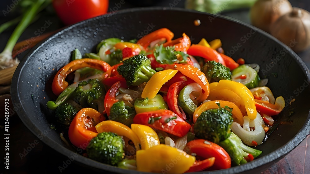 Colorful Stir fried Vegetables Broccoli Peppers Wok Colorful Stir fried Vegetables Broccoli Peppers Wok