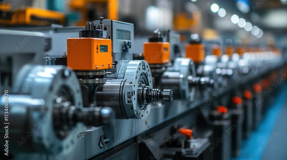 Fototapeta premium Industrial machinery operation manufacturing facility equipment technology controlled environment close-up view precision engineering process