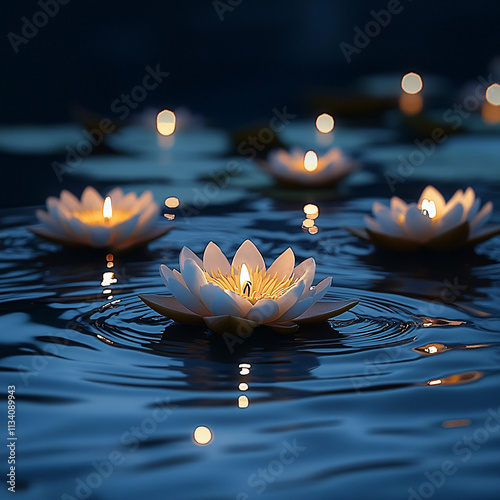 A serene scene featuring lotus flowers and floating candles, ideal for Diwali celebrations and tranquility-themed designs, evoking warmth and contemplation. photo