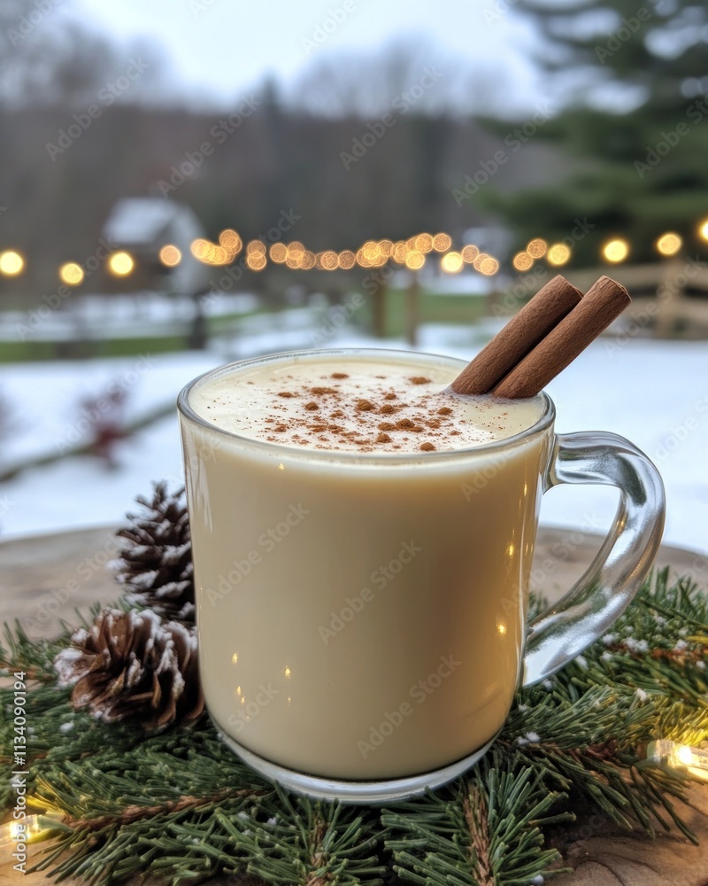 A cozy drink topped with cinnamon sticks, set against a wintery backdrop. A cozy drink topped with cinnamon sticks, set against a wintery backdrop.