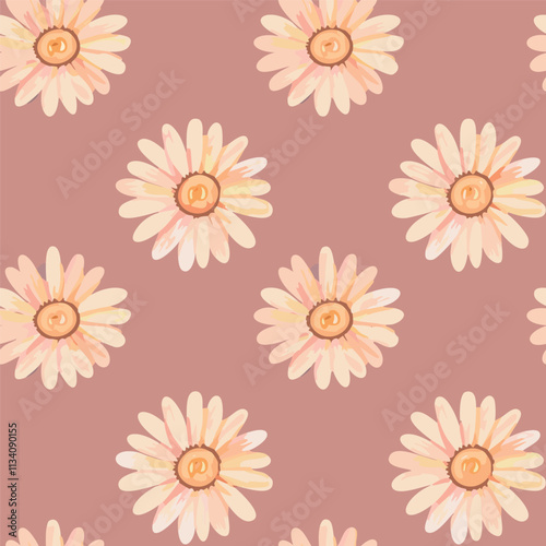 Seamless Watercolor Daisy Pattern on Warm Beige Background – Hand-Drawn Floral Digital Illustration for Textile, Wallpaper, and Print Design