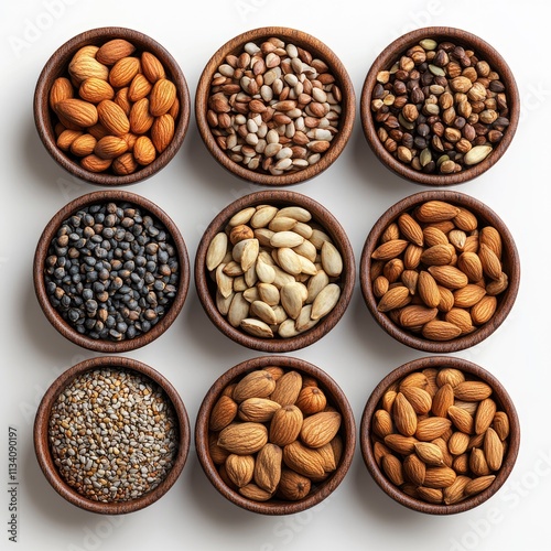 A collection of various nuts and seeds in bowls, showcasing diversity in food options.