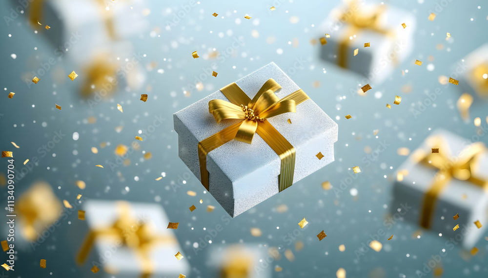 White gift boxes with gold ribbons float amidst gold confetti on a blue background.
