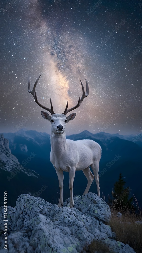 A majestic white deer with perfect antlers, on the mountain and the view of the stars in the beautiful sky A majestic white deer with perfect antlers, on the mountain and the view of the stars in the beautiful sky