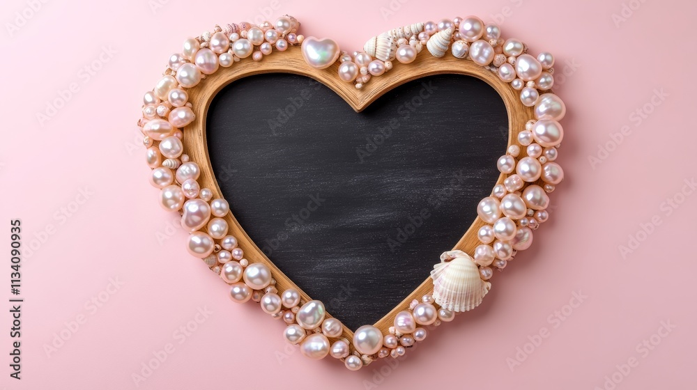 Obraz premium Pearls and mother of pearl seashell heart shape wooden frame wreath on pink background with chalkboard Romantic symbol for valentines greeting card invitation menu