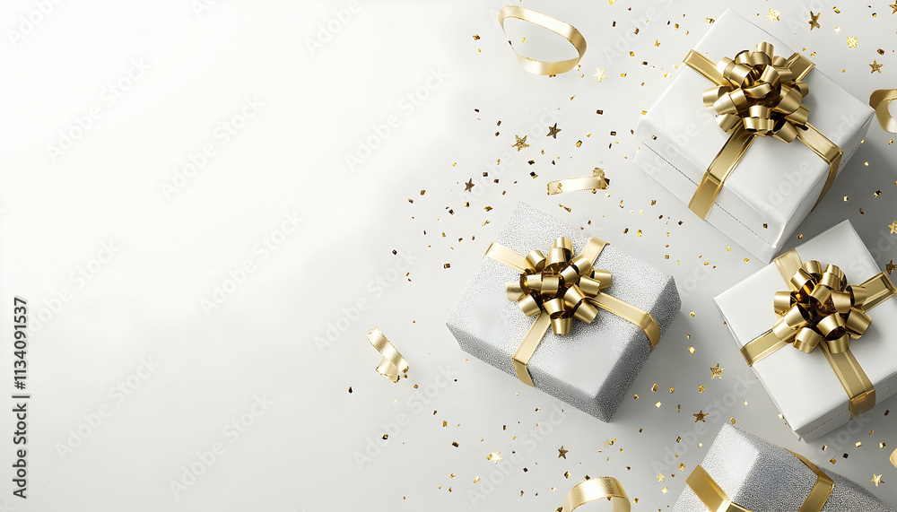 Elegant gray gift boxes with gold ribbons and confetti on white background. Elegant gray gift boxes with gold ribbons and confetti on white background.